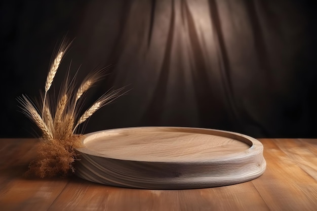 Uma placa de madeira com espigas de trigo em um fundo escuro