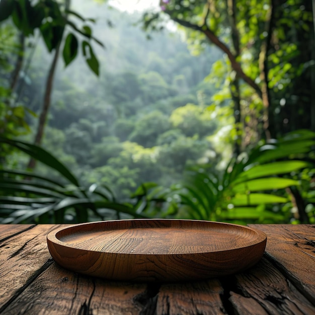 Uma placa de madeira sobre uma mesa de madeira em frente a um fundo de selva