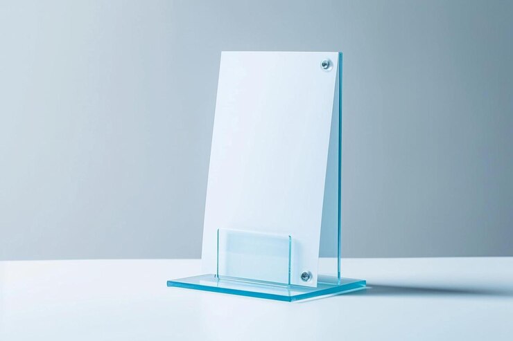 uma placa de vidro transparente numa superfície branca