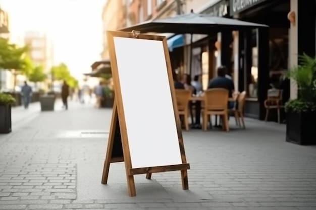 Uma placa em branco na calçada em frente a um restaurante