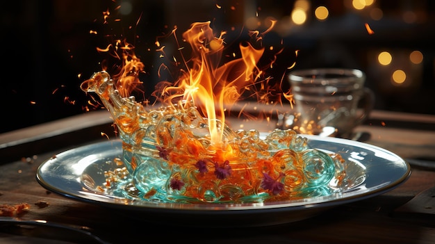 Foto uma placa na qual uma chama queima com diferentes partículas generative ai