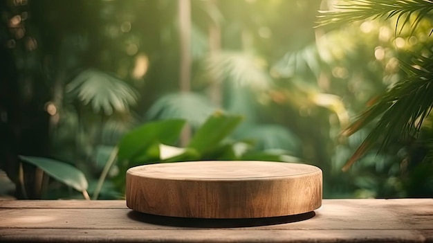 Uma placa redonda de madeira com uma base de madeira no fundo de uma floresta tropical.