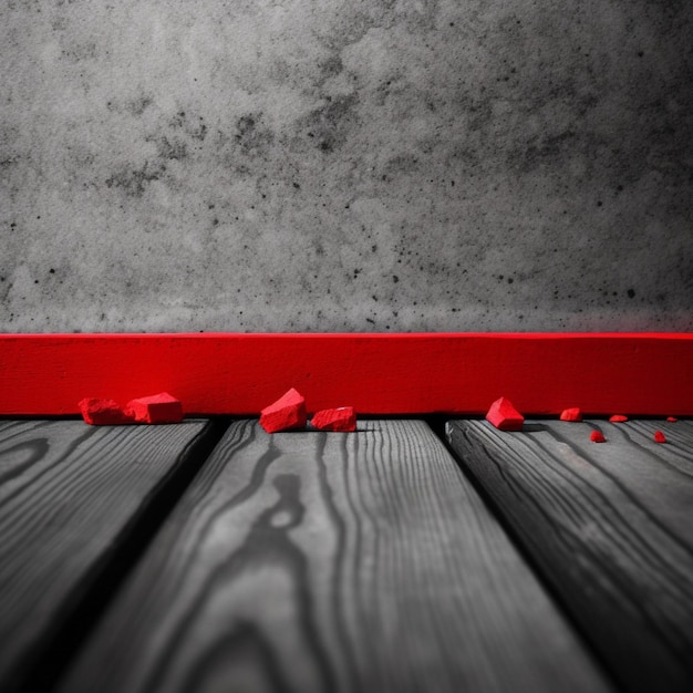Uma placa vermelha está sobre um piso de madeira com fundo cinza.