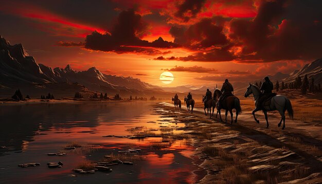 Uma planície com um pôr-do-sol no fundo e três cavalos 3D ultra realista