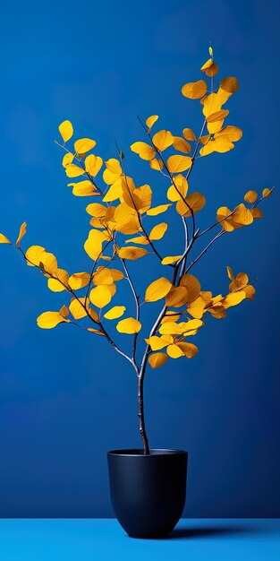 Foto uma planta amarela com folhas amarelas e um fundo azul