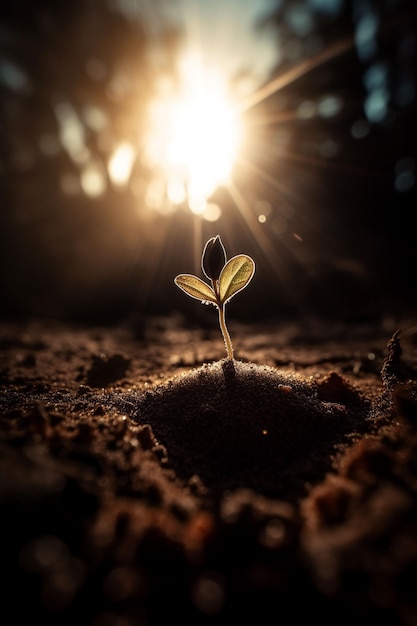 Uma planta brota no escuro