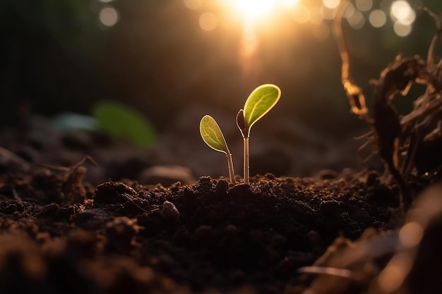 Uma planta brota no solo