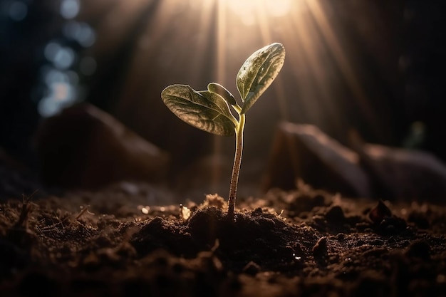 Uma planta brotando do chão com o sol brilhando sobre ela