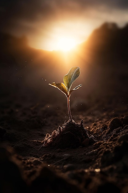 Uma planta brotando no escuro