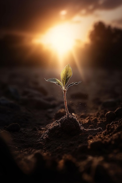 Uma planta brotando no escuro