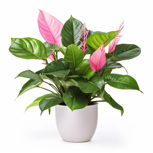 uma planta com flores cor-de-rosa e folhas verdes em uma panela branca