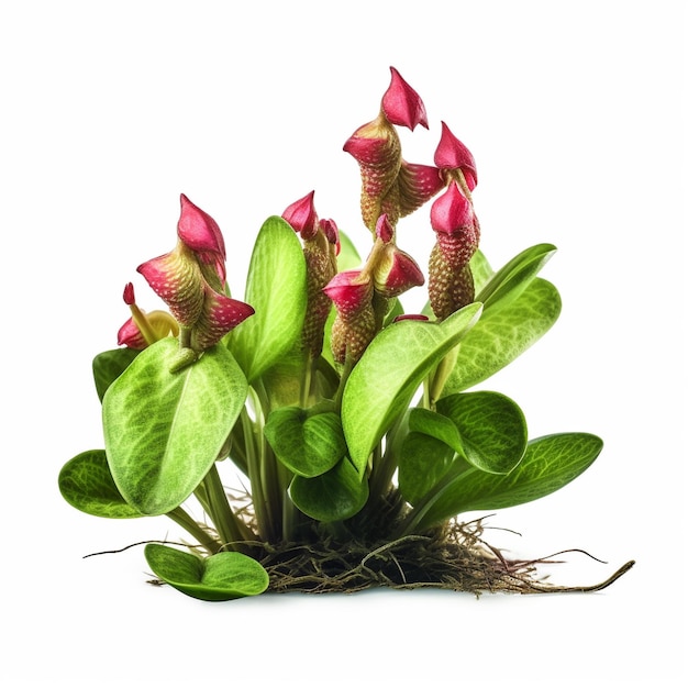 Uma planta com flores cor-de-rosa e folhas verdes.