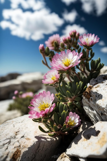 Uma planta com flores cor de rosa está crescendo em uma rocha.