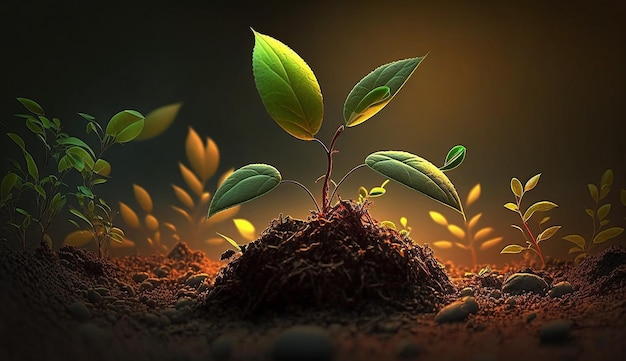 Uma planta com folhas verdes brotando do chão