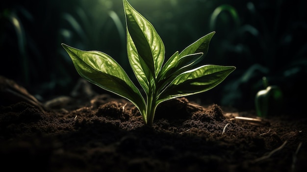 Uma planta com folhas verdes brotando no escuro