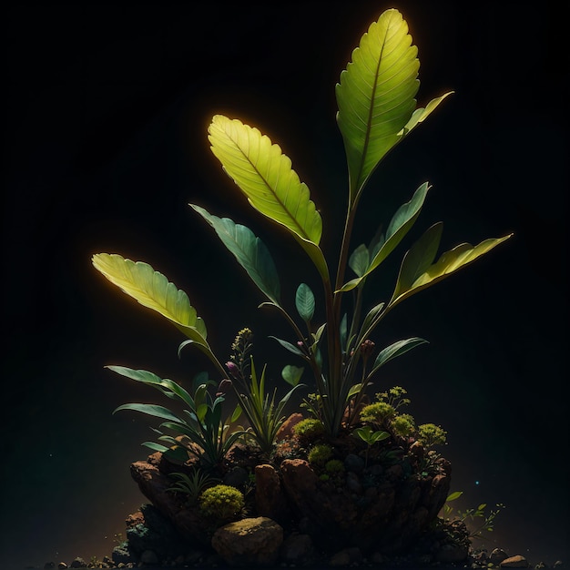 Uma planta com folhas verdes e uma luz nela