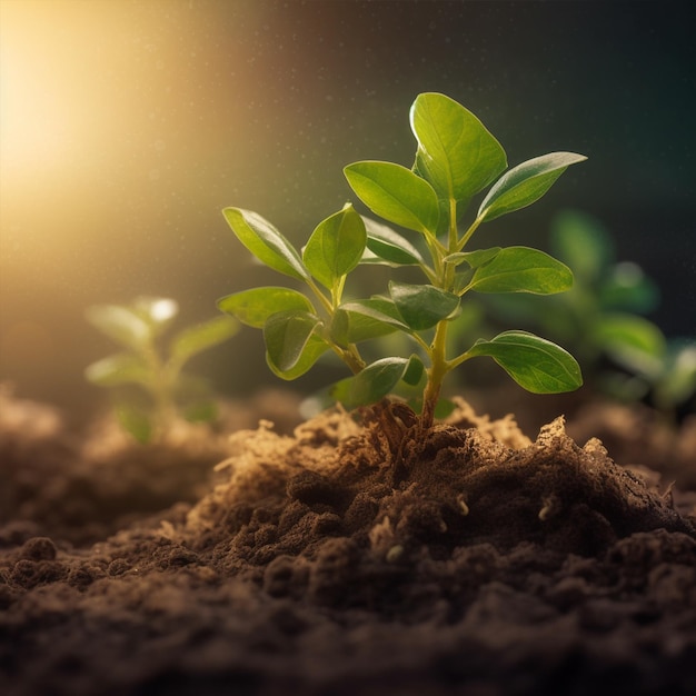 Uma planta com folhas verdes está na terra com o sol brilhando sobre ela.