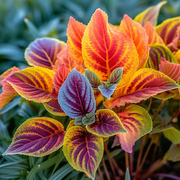 Uma planta com folhas vermelhas e amarelas brilhantes e folhas verdes.