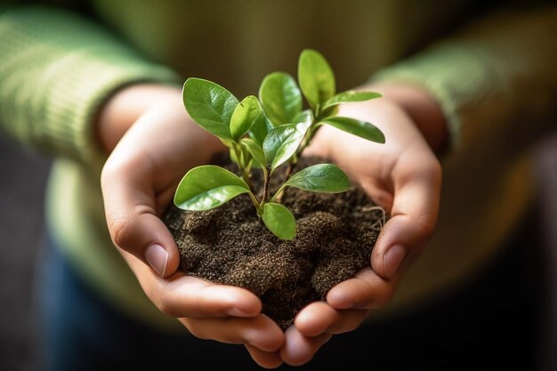 Foto uma planta com terra nas mãos de um jovem generativo ai