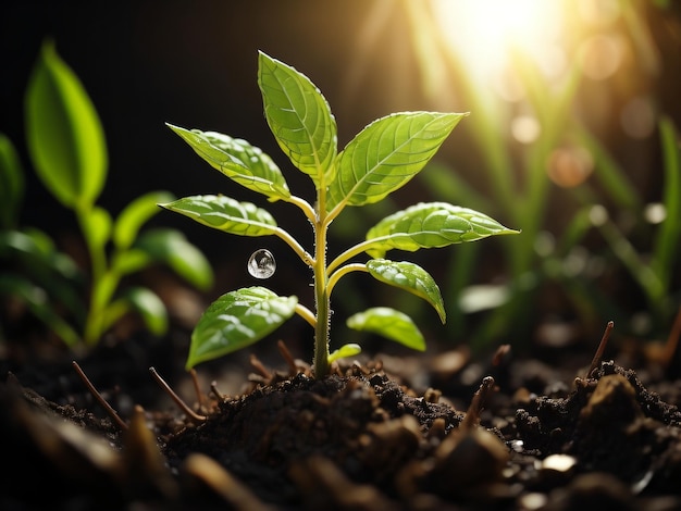 Uma planta com uma gota de água sobre ela