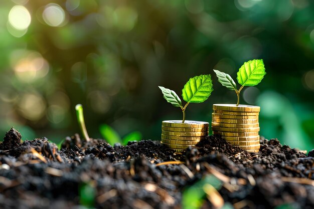 uma planta crescendo a partir de uma pilha de moedas com uma planta crecendo fora dela