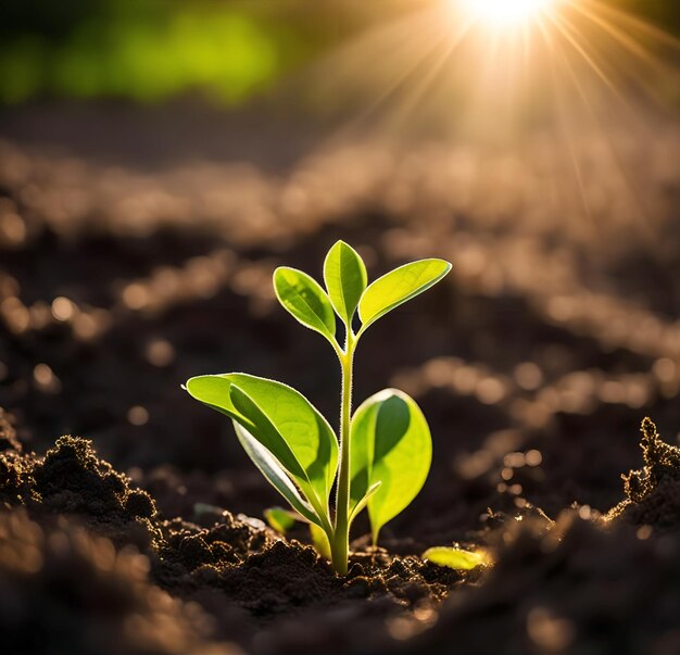 uma planta crescendo em um campo com o sol atrás dela