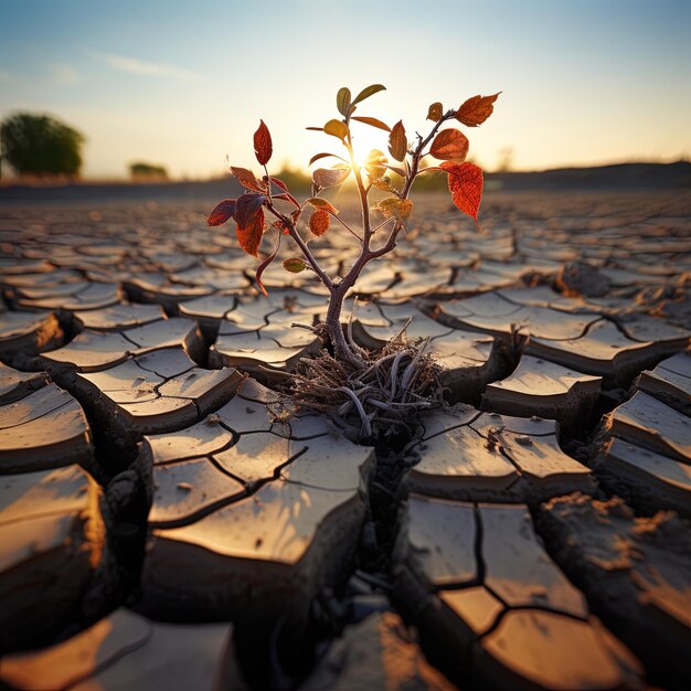 Foto uma planta crescendo em um plantador morto com o sol atrás dela