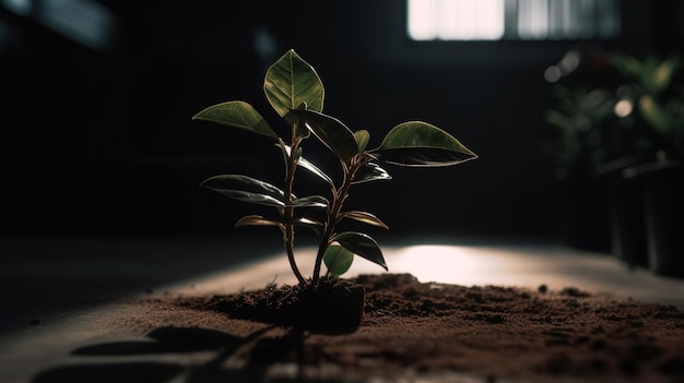 Uma planta crescendo em um quarto escuro com o sol brilhando pela janela