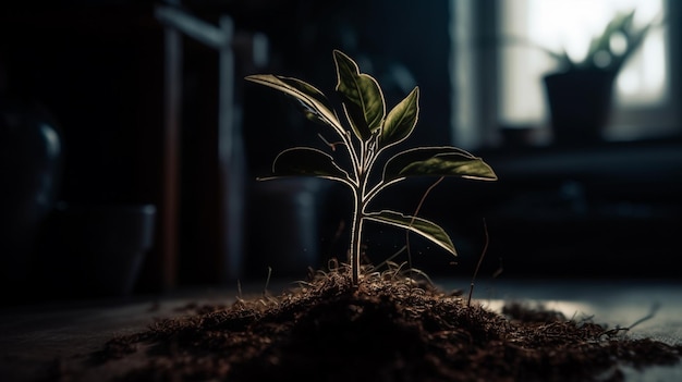 Uma planta crescendo em um quarto escuro