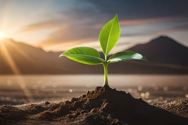 uma planta crescendo na areia com montanhas ao fundo.