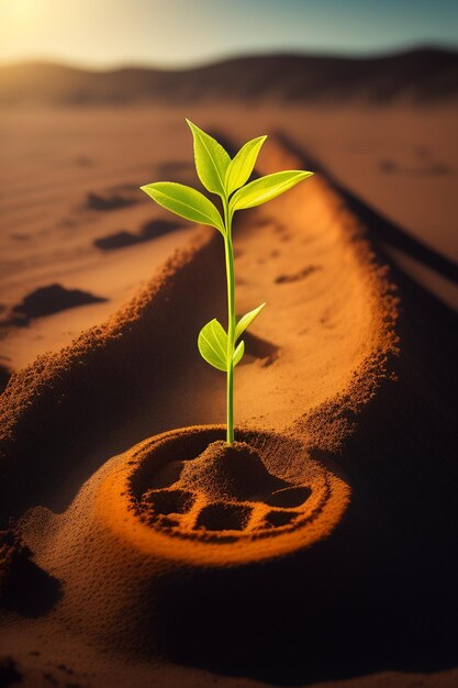 Uma planta crescendo na areia com o sol brilhando sobre ela