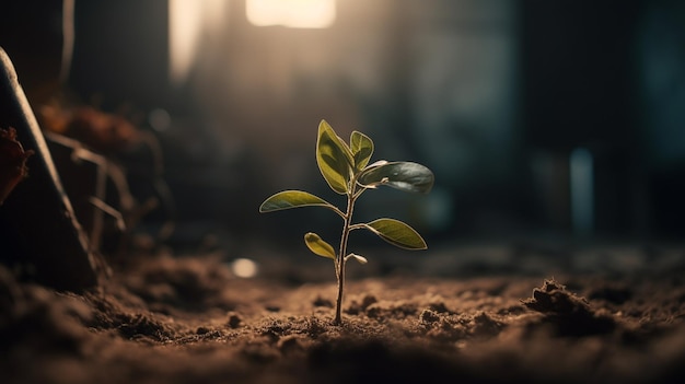 Uma planta crescendo no escuro