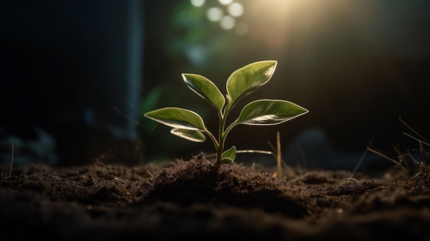 Uma planta crescendo no escuro