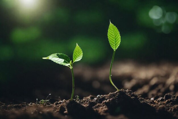 uma planta crescendo no solo com o sol atrás dela