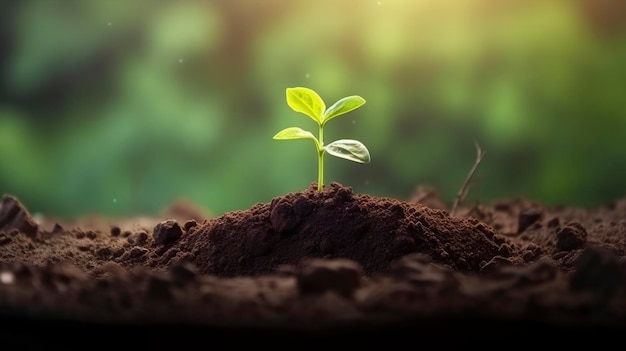 Uma planta crescendo no solo com o sol brilhando sobre ela