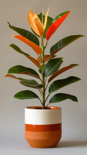 Uma planta de borracha variada em vaso com folhas laranjas e vermelhas