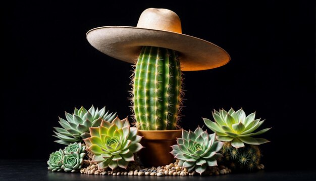 uma planta de cacto com um chapéu e algum outro cacto