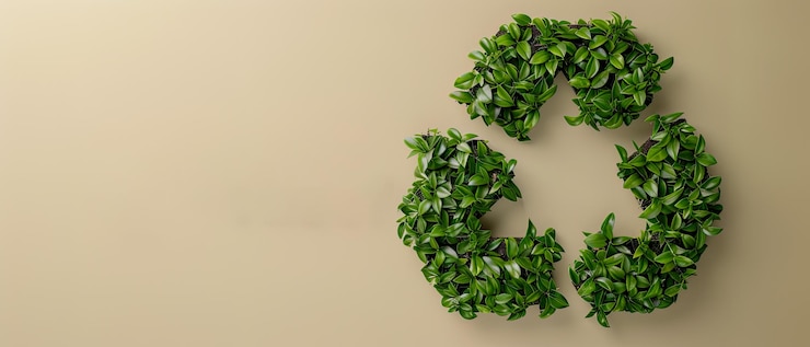 Foto uma planta de folhas verdes é usada para criar um símbolo de reciclagem