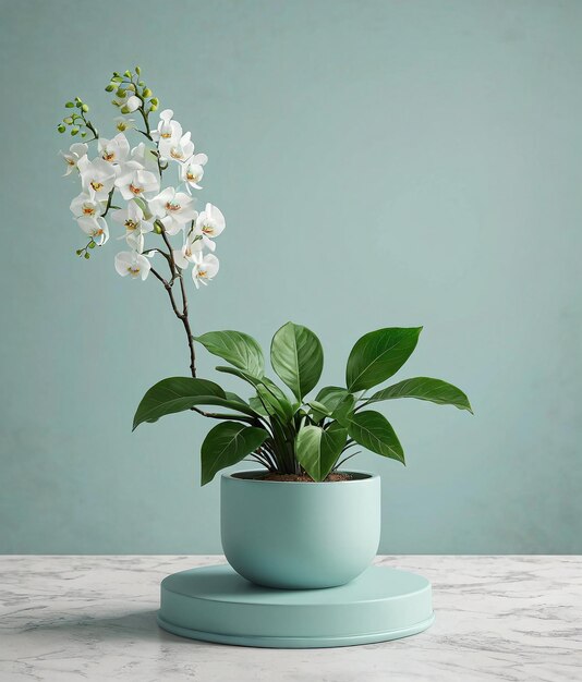 uma planta de orquídea branca em uma panela azul