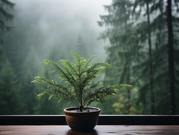 uma planta de samambaia em um vaso sobre uma mesa de madeira em frente a uma floresta enevoada