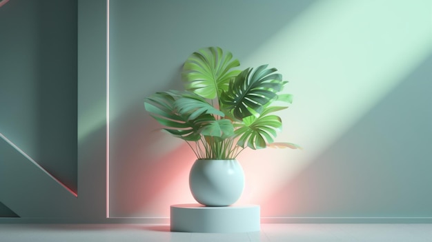 Uma planta em um pedestal branco com uma folha verde no meio.
