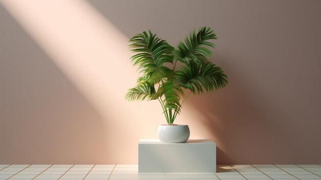 Uma planta em um pedestal branco em uma sala com uma parede rosa e um vaso branco com uma planta verde dentro.