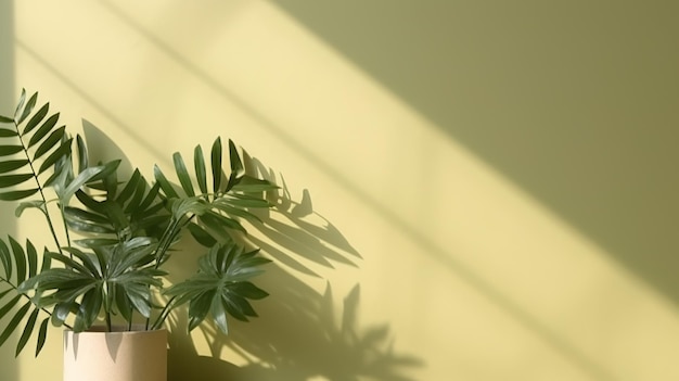 Uma planta em um vaso ao lado de uma parede amarela com uma folha verde.