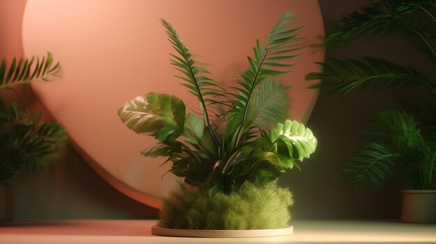 Uma planta em um vaso com um espelho redondo atrás