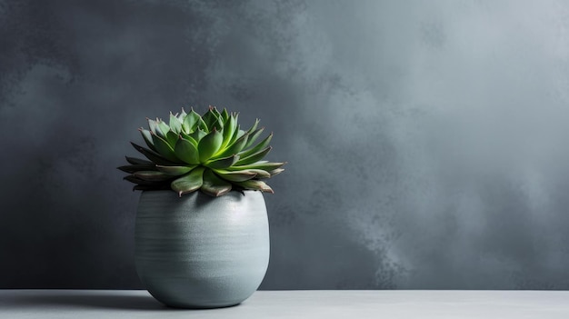 Uma planta em um vaso de cerâmica com fundo cinza.