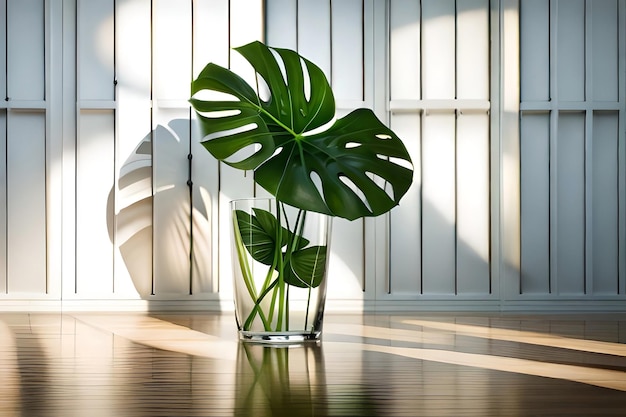 Uma planta em um vaso de vidro com água em um piso de madeira