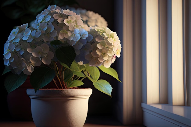Uma planta em um vaso está sobre uma mesa ao lado de uma janela.