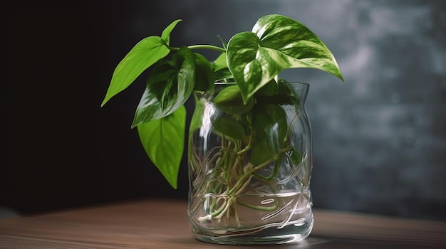 Uma planta em uma jarra de vidro com a palavra hera