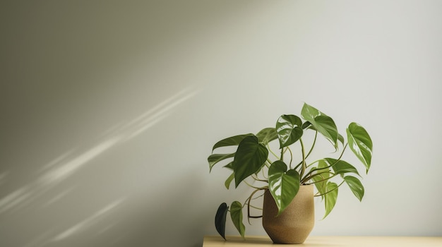 Uma planta em uma mesa de madeira com uma parede branca atrás dela.