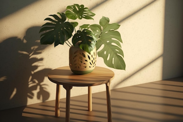 Uma planta em uma pequena mesa em frente a uma janela